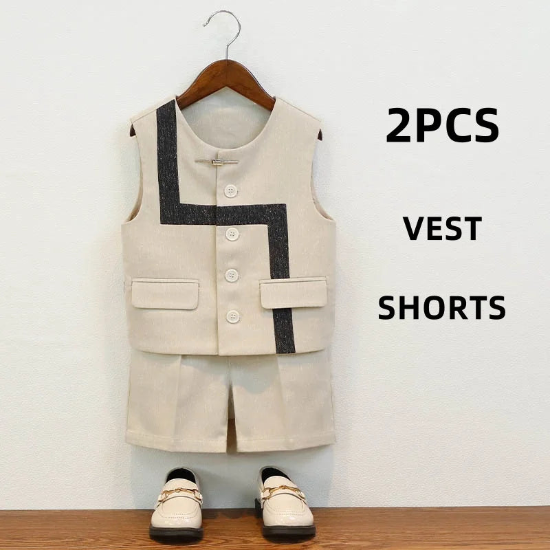 Summer Children Boys Suit Set Stylish Flower 1-10Y Boys Formal Wedding Suit Outfit Spliced Kids Baby Boys Vest Shirt Shorts Suit
