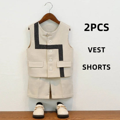 Summer Children Boys Suit Set Stylish Flower 1-10Y Boys Formal Wedding Suit Outfit Spliced Kids Baby Boys Vest Shirt Shorts Suit