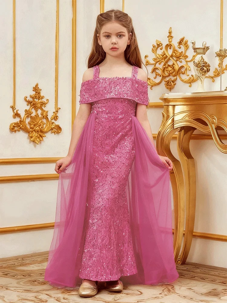 Girls Flower Girl Evening Dress Girl Long Festival Event Performance Small Dress 10-Year-Old Girl Pink Girl Birthday Shiny Dress