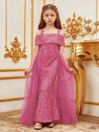 Girls Flower Girl Evening Dress Girl Long Festival Event Performance Small Dress 10-Year-Old Girl Pink Girl Birthday Shiny Dress