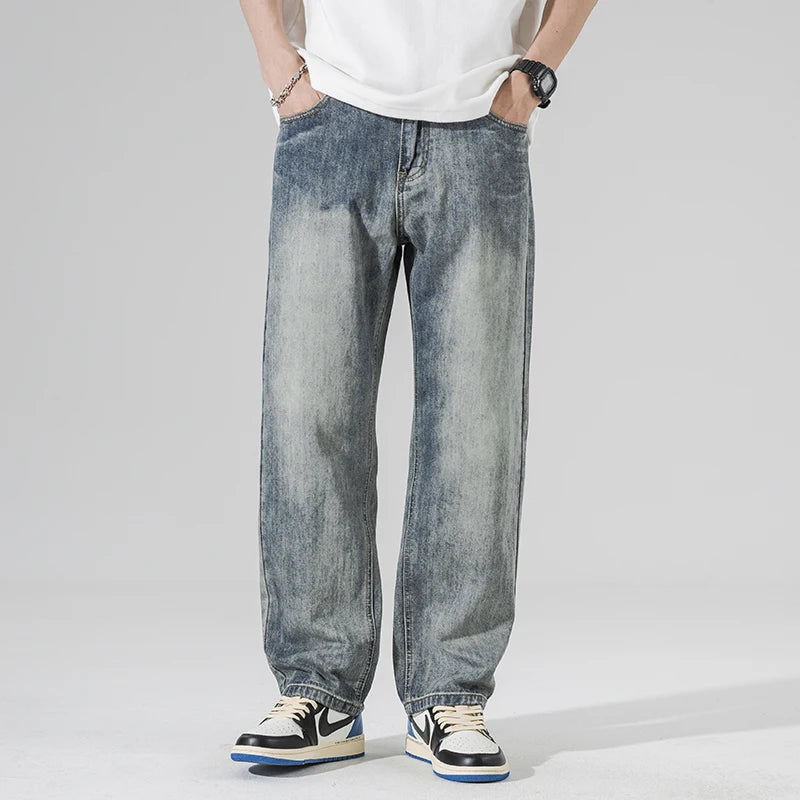 2025 Autumn New Men's Harem Wide Leg Jeans Street Hip-Hop Straight Leg Loose Denim Trousers Large Size Casual Retro Jeans
