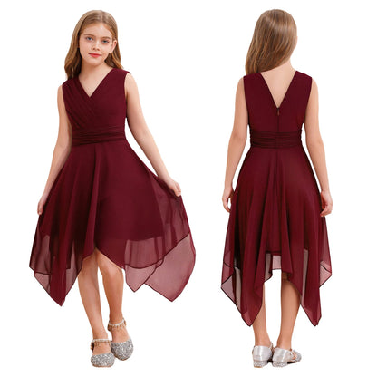 Summer Girls Festive Dress Hi-Lo Tulle Sleeveless Shiny Beaded Dress Flower Kids Wedding Pageant Clothing Evening Communion Gow