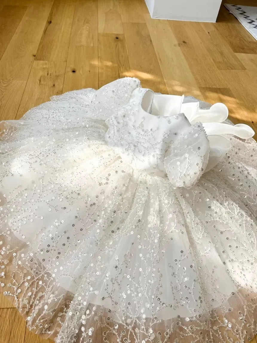 Girl's White Wedding Tutu Dress, Elegant Princess Dress for Flower Dresses Kids Vestidos Girl Birthday Party Princess Sequins