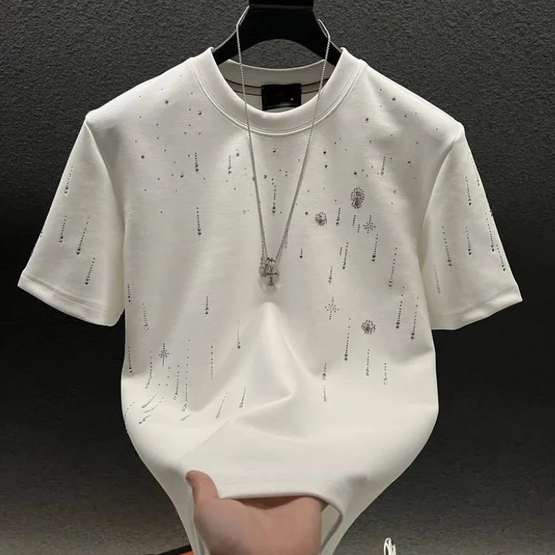 Spring New Heavy Work Light Luxury Custom Short Sleeve T-shirt Top Meteor Full Diamond T-shirt Round Neck Short Sleeve    (Available)
