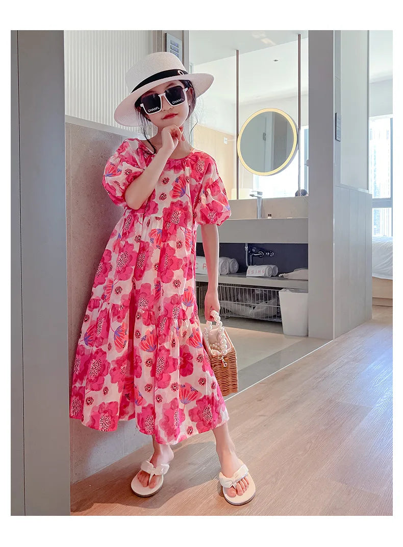 Girl's Large Flower Dress 2025 New Summer Children's Foreign-Style Loose Korean Version of the Older Girls Floral Lazy Skirt