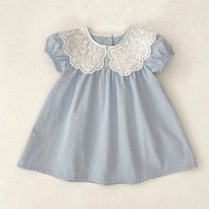 Baby Girls Dress Kids Summer Cute Flowers Dress 1-6 Yrs Children Fashion Doll Collar Princess Dress Blue Cotton Girl's Dresses