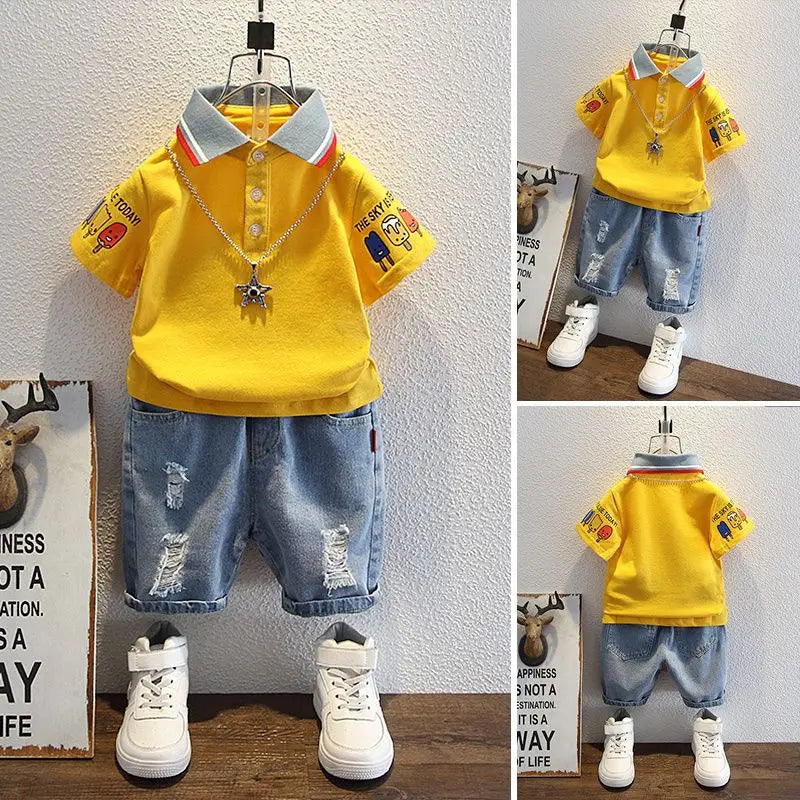 Boys 2025 Summer Outfit T-Shirt and Jeans Korean Polo Fashion 2PCS Casual Clothing Korean Reviews Top Toddler Kids Clothes Sets (Available)