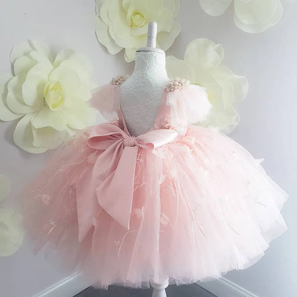 Elegant Girl Dress Girls 2025 Summer Fashion Pink Lace Big Bow Party Tulle Flower Princess Wedding Dresses Baby Girl Dress