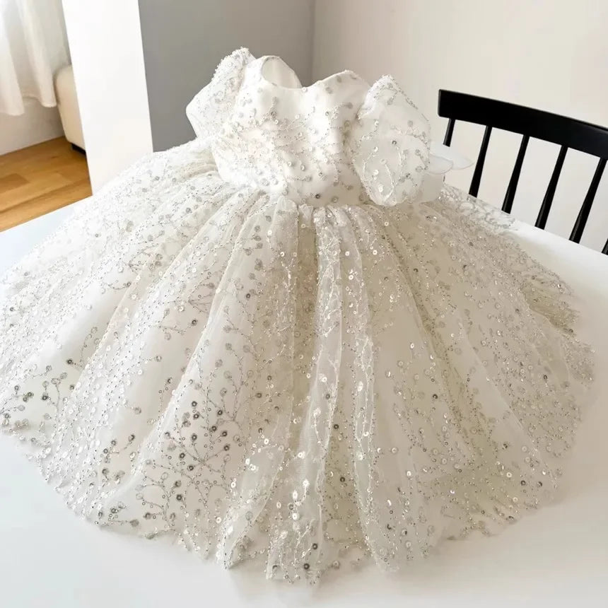 Girl's White Wedding Tutu Dress, Elegant Princess Dress for Flower Dresses Kids Vestidos Girl Birthday Party Princess Sequins