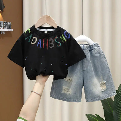 Summer Baby Boys Fashion High Quality Set Cotton Boy Short Sleeved Hole T-shirt + Denim Shorts Kids Loose Casual Clothes 2-11Y