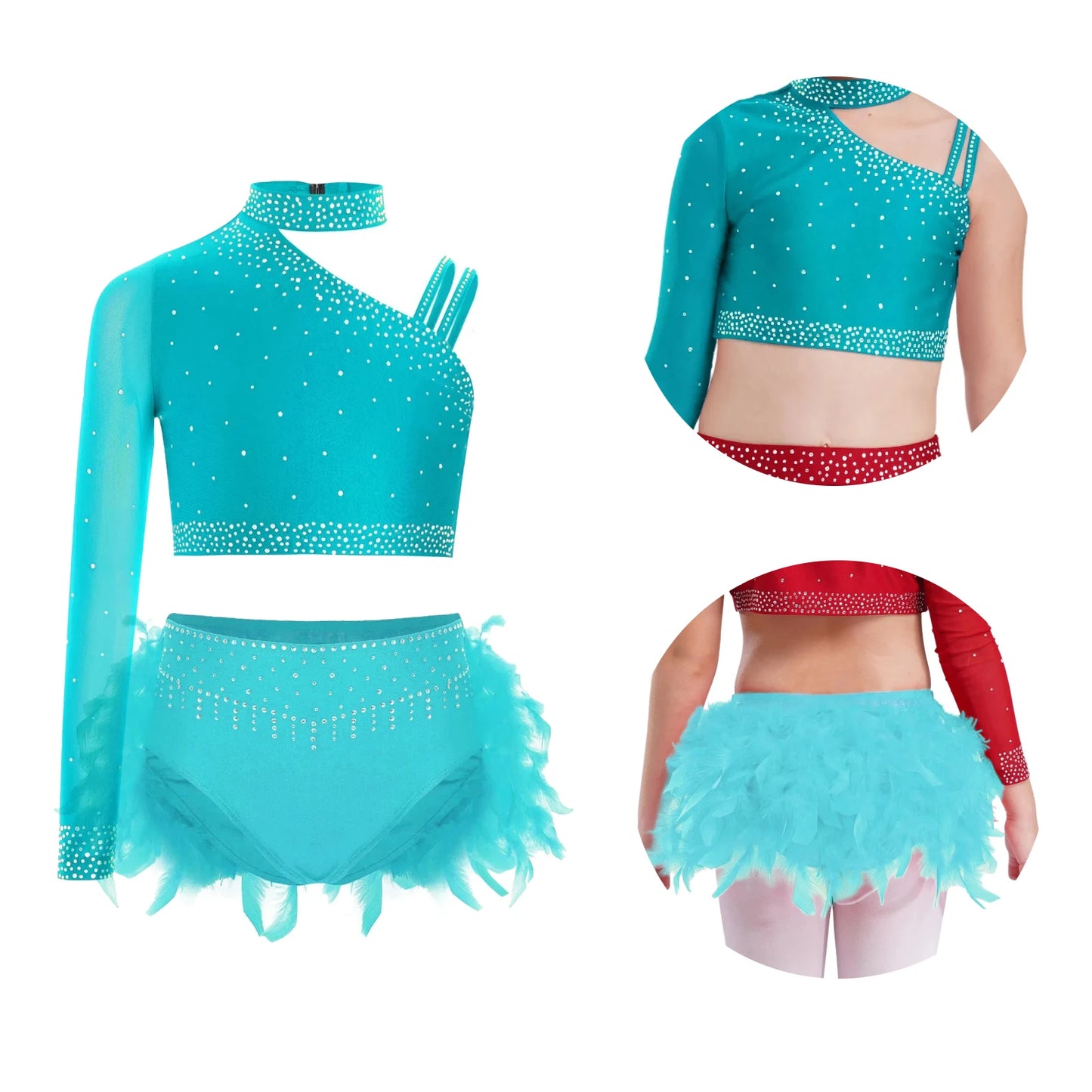 Girls Modern Dance Dress 2 Piece One-shoulder Sleeve Rhinestone Crop Top And Feather Skirts Sets Dance for Stage Performance