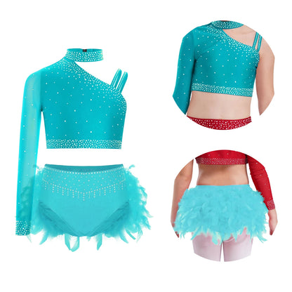 Girls Modern Dance Dress 2 Piece One-shoulder Sleeve Rhinestone Crop Top And Feather Skirts Sets Dance for Stage Performance