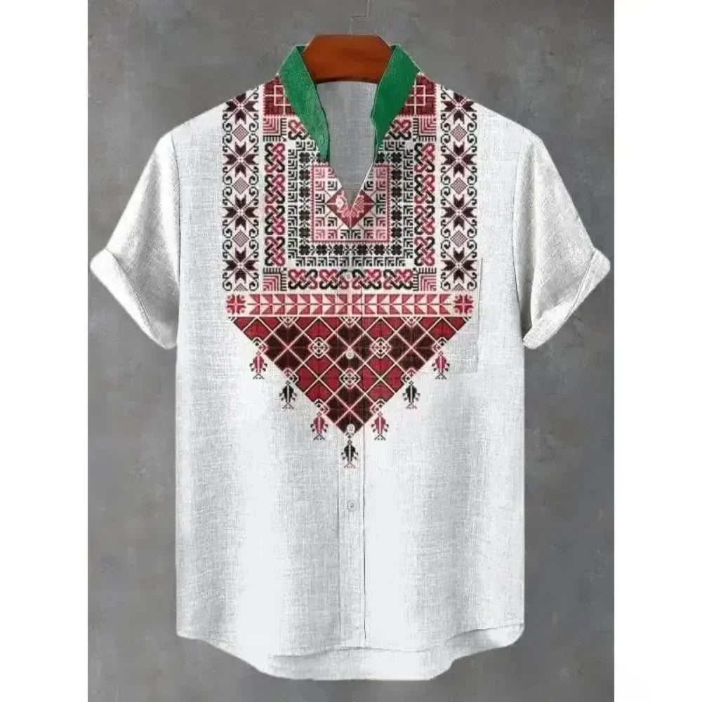 Men's summer shirt, fashionable stand up collar short sleeved cardigan, ethnic tribal printed pocket, linen breathable men's top   (Available)