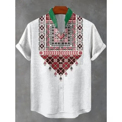 Men's summer shirt, fashionable stand up collar short sleeved cardigan, ethnic tribal printed pocket, linen breathable men's top   (Available)