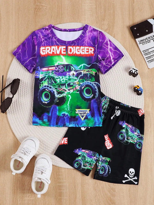 Boys Summer clothing - cartoon car print short sleeve top and shorts, stylish, casual, comfortable