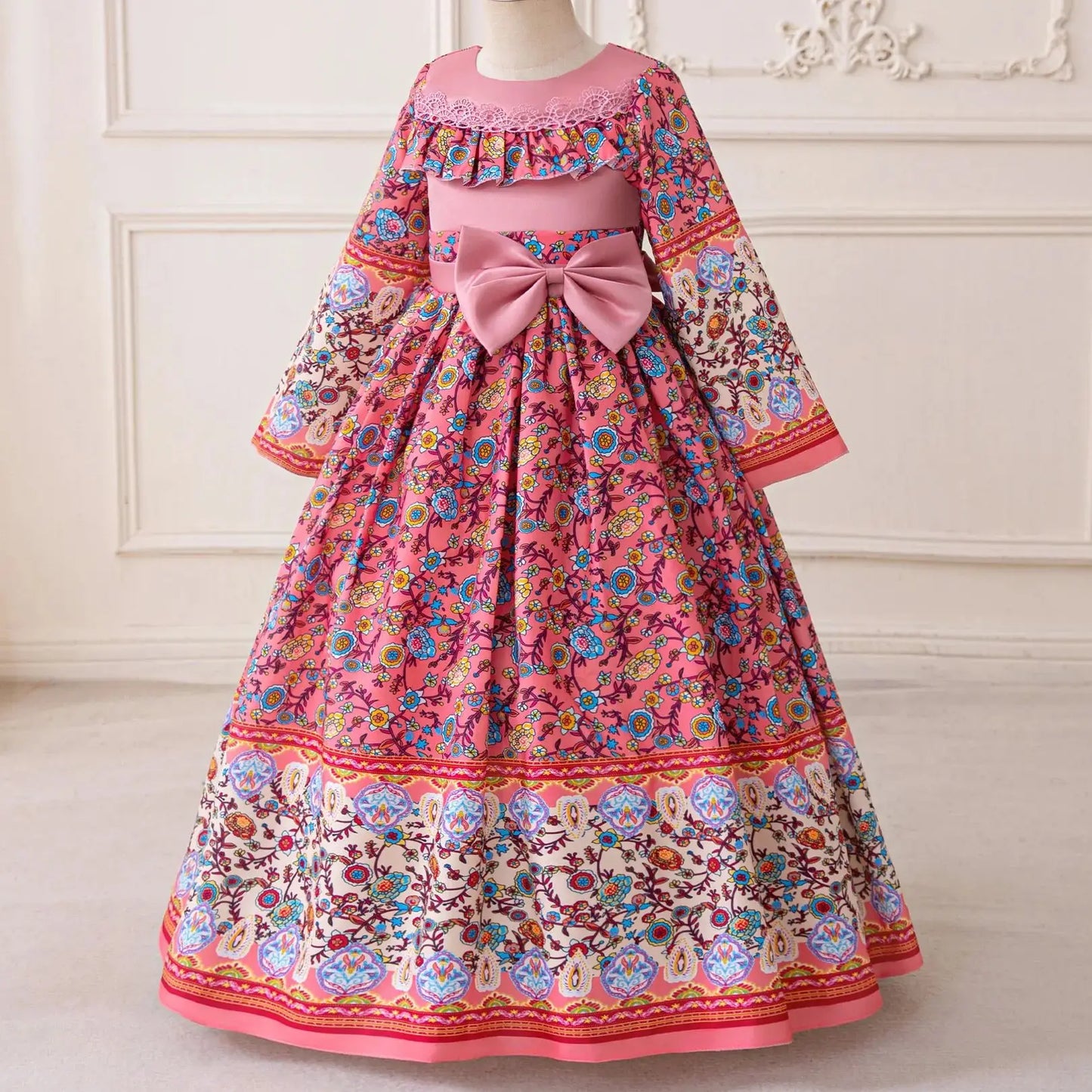 Girl Dress For Eid Arab Muslim Floral Print Long Sleeve Dress For Children Formal Pageant Party Festival Ceremonial Banquet Gown