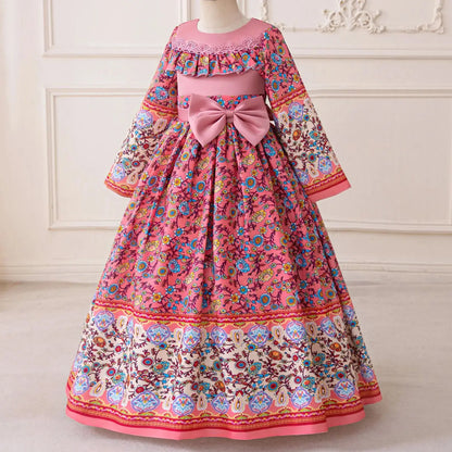 Girl Dress For Eid Arab Muslim Floral Print Long Sleeve Dress For Children Formal Pageant Party Festival Ceremonial Banquet Gown