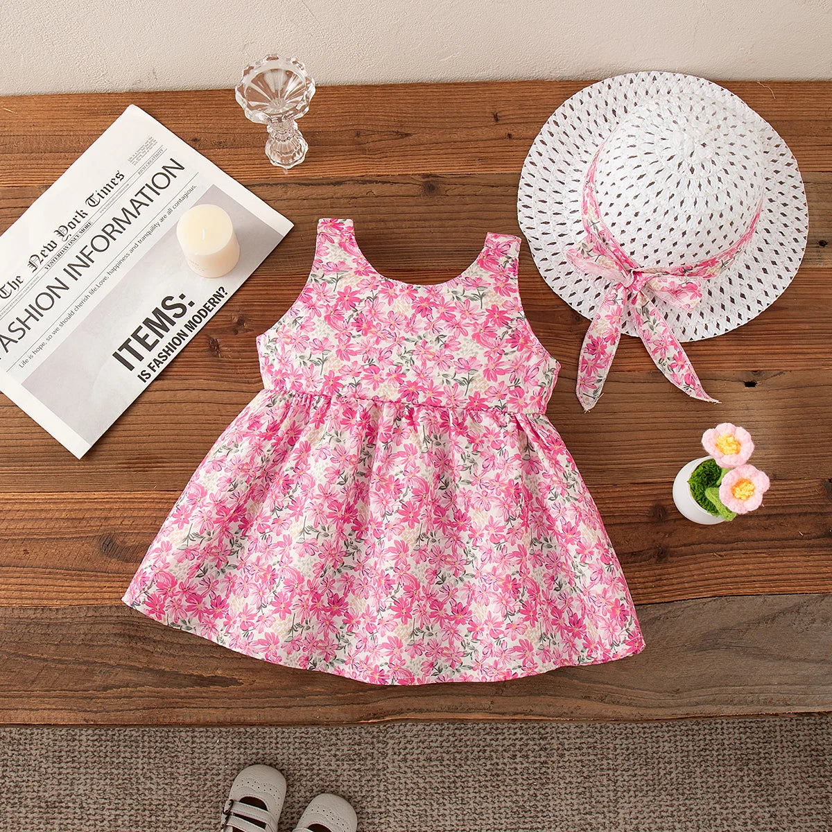 Summer Beach Party Dress for Girls Rose Red Bow Flower Print Suspender Dress Girl Casual Outdoor Outfit Sent Hat