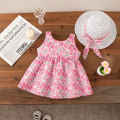 Summer Beach Party Dress for Girls Rose Red Bow Flower Print Suspender Dress Girl Casual Outdoor Outfit Sent Hat