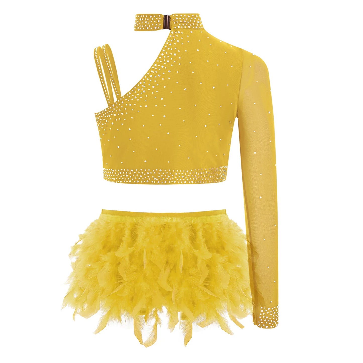 Girls Modern Dance Dress 2 Piece One-shoulder Sleeve Rhinestone Crop Top And Feather Skirts Sets Dance for Stage Performance