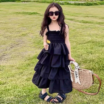 Girls Summer Dress Children Layers Slip Long Gown Kids Birthday Party Vestidos Clothes New Teenager Casual Sling Clothing