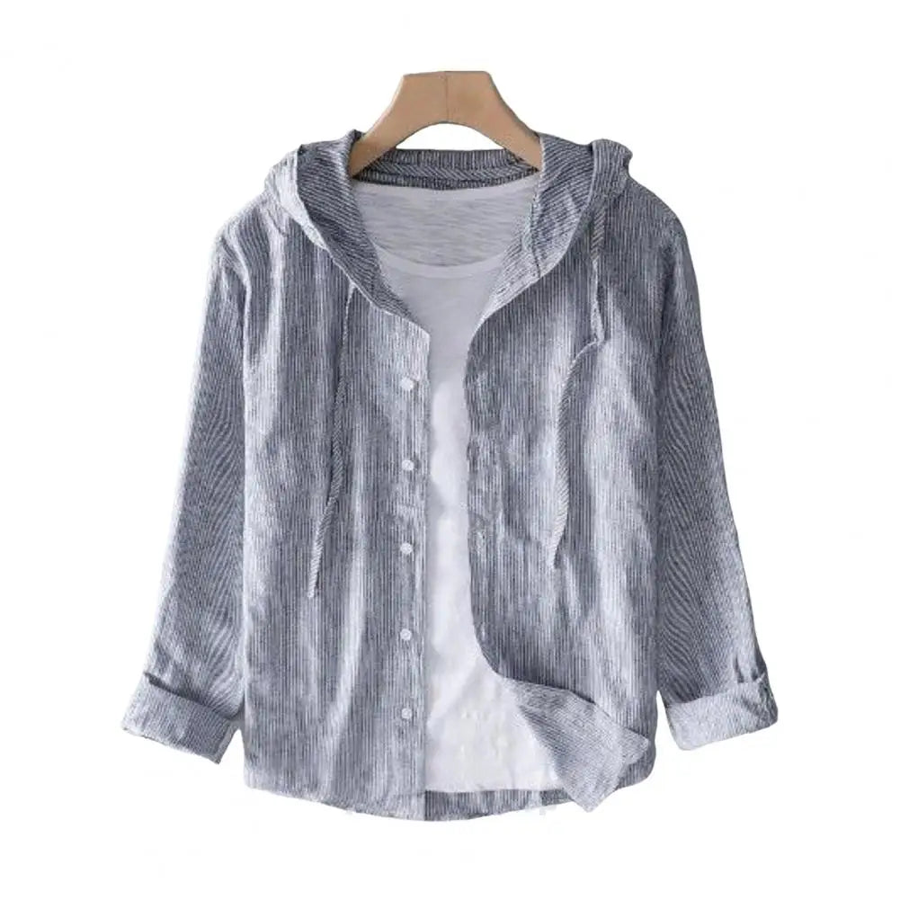 Men Summer Shirt Sun Anti UV Long Sleeve Hooded Drawstring Single breasted Soft Loose Breathable Cardigan Coat Top (Available)