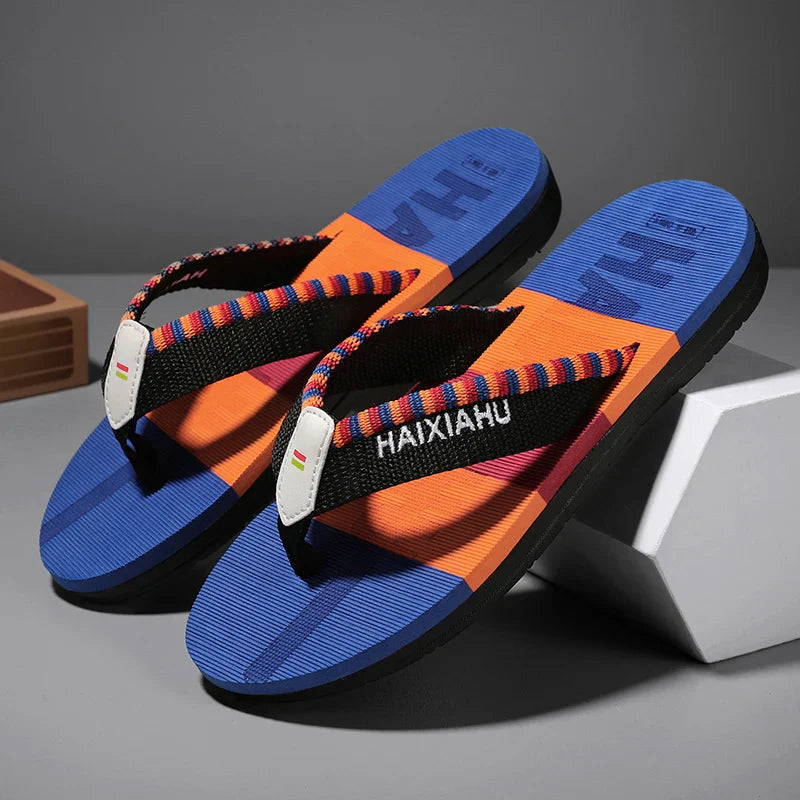 Men Slides Cloth Tape Woven Color Matching Stripe Wear-resistant Slippers Size 39-45  (Available)