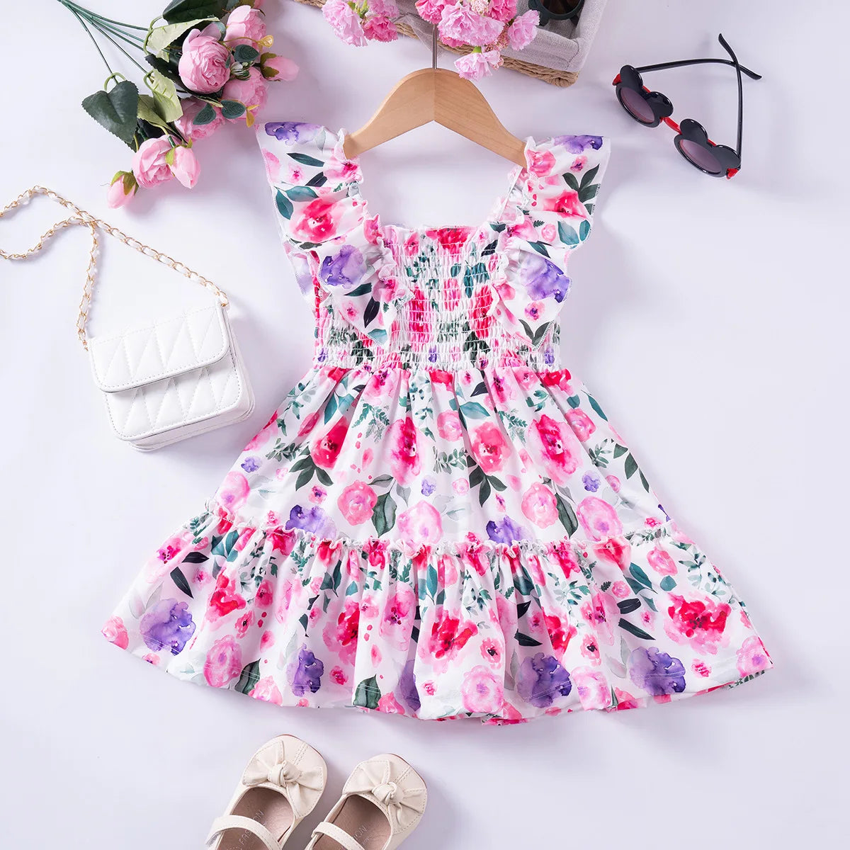 1 - 7 Y Baby Girls Sweet Floral Dress with Ruffled Sleeves & Smocked Waist - Perfect for Party & Summer Wear for Kids Girl Dress