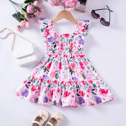 1 - 7 Y Baby Girls Sweet Floral Dress with Ruffled Sleeves & Smocked Waist - Perfect for Party & Summer Wear for Kids Girl Dress