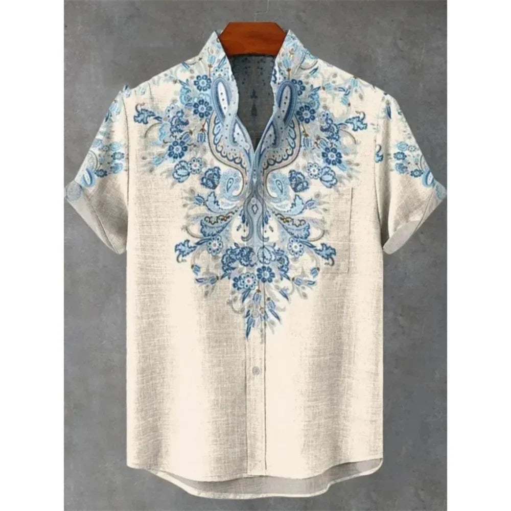 Men's summer shirt, fashionable stand up collar short sleeved cardigan, ethnic tribal printed pocket, linen breathable men's top   (Available)