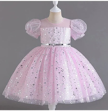Summer Girls Dresses for Party and Wedding Lace Mesh Short Sleeve Girls Sequin Dress Fashion Girls Party Dress 4-10 Years