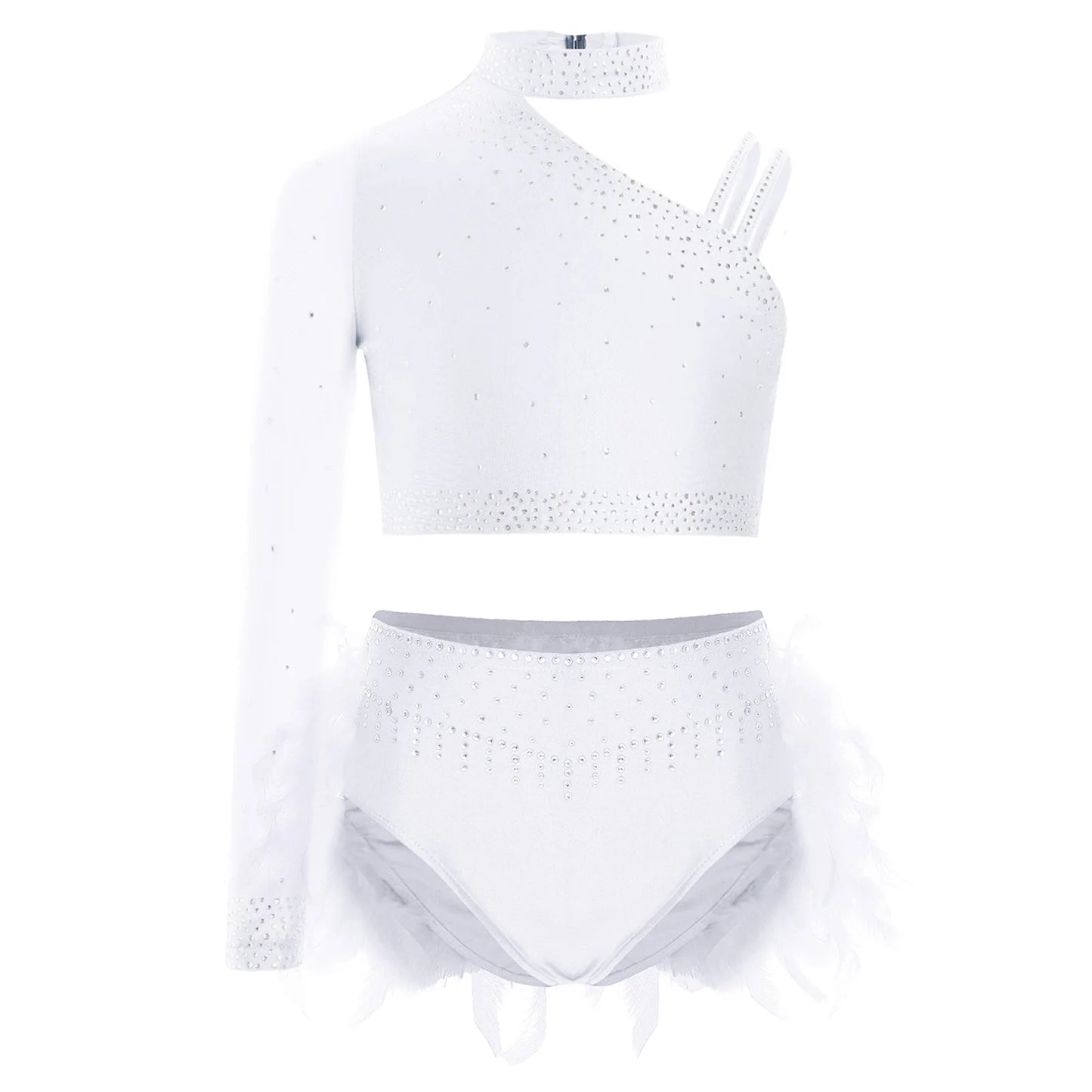 Girls Modern Dance Dress 2 Piece One-shoulder Sleeve Rhinestone Crop Top And Feather Skirts Sets Dance for Stage Performance