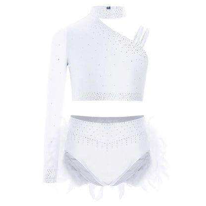 Girls Modern Dance Dress 2 Piece One-shoulder Sleeve Rhinestone Crop Top And Feather Skirts Sets Dance for Stage Performance