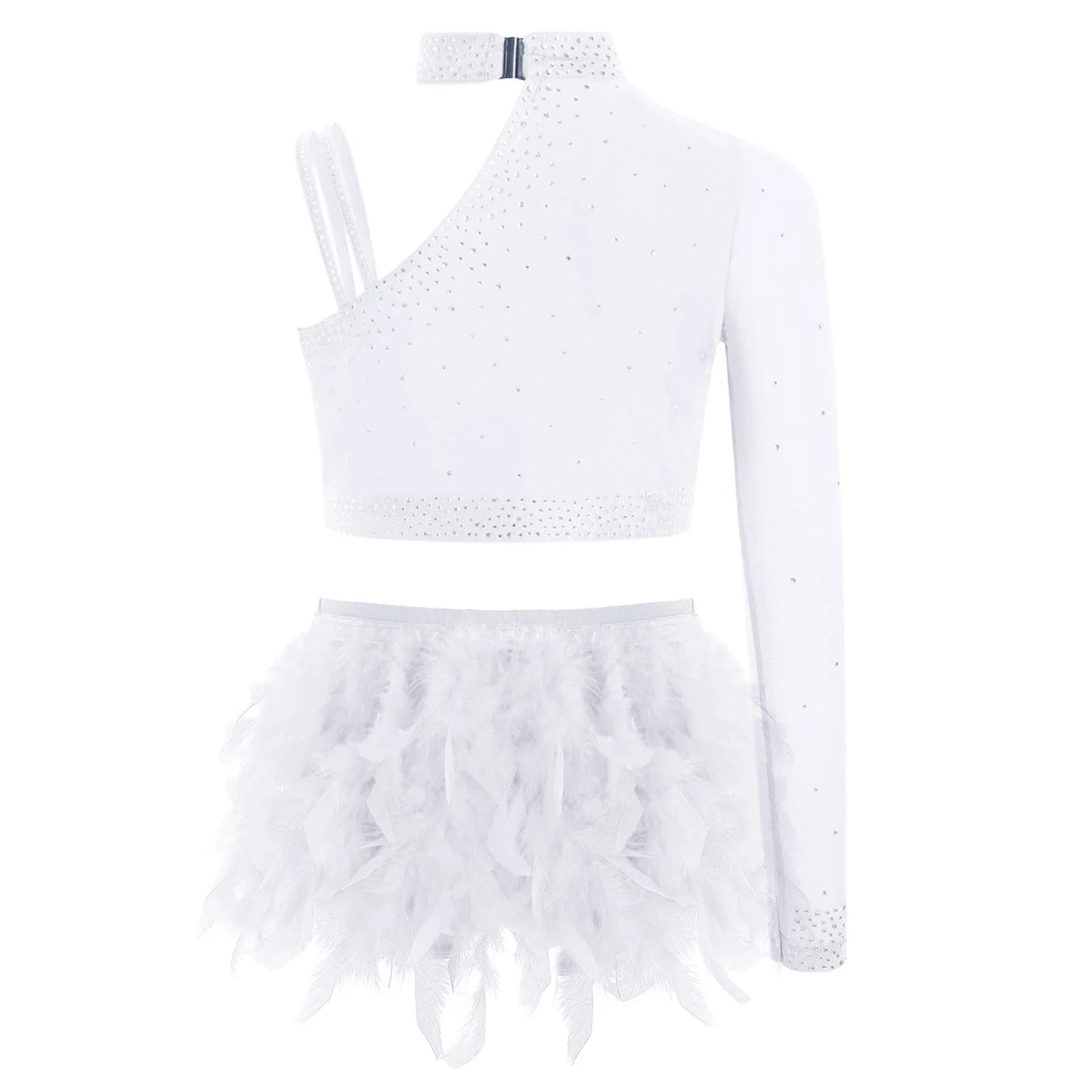 Girls Modern Dance Dress 2 Piece One-shoulder Sleeve Rhinestone Crop Top And Feather Skirts Sets Dance for Stage Performance