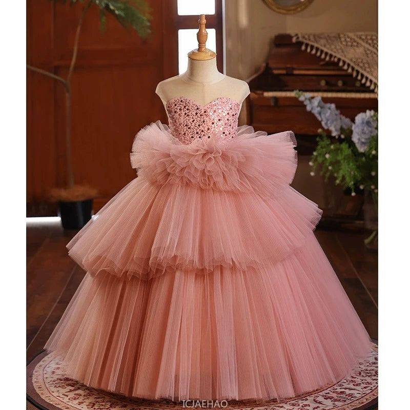 Girls Pageant Dress Stage Host Gown Kids Piano Performance Outfit Birthday Walking Formal Wear Party Flower Girl Wedding Show