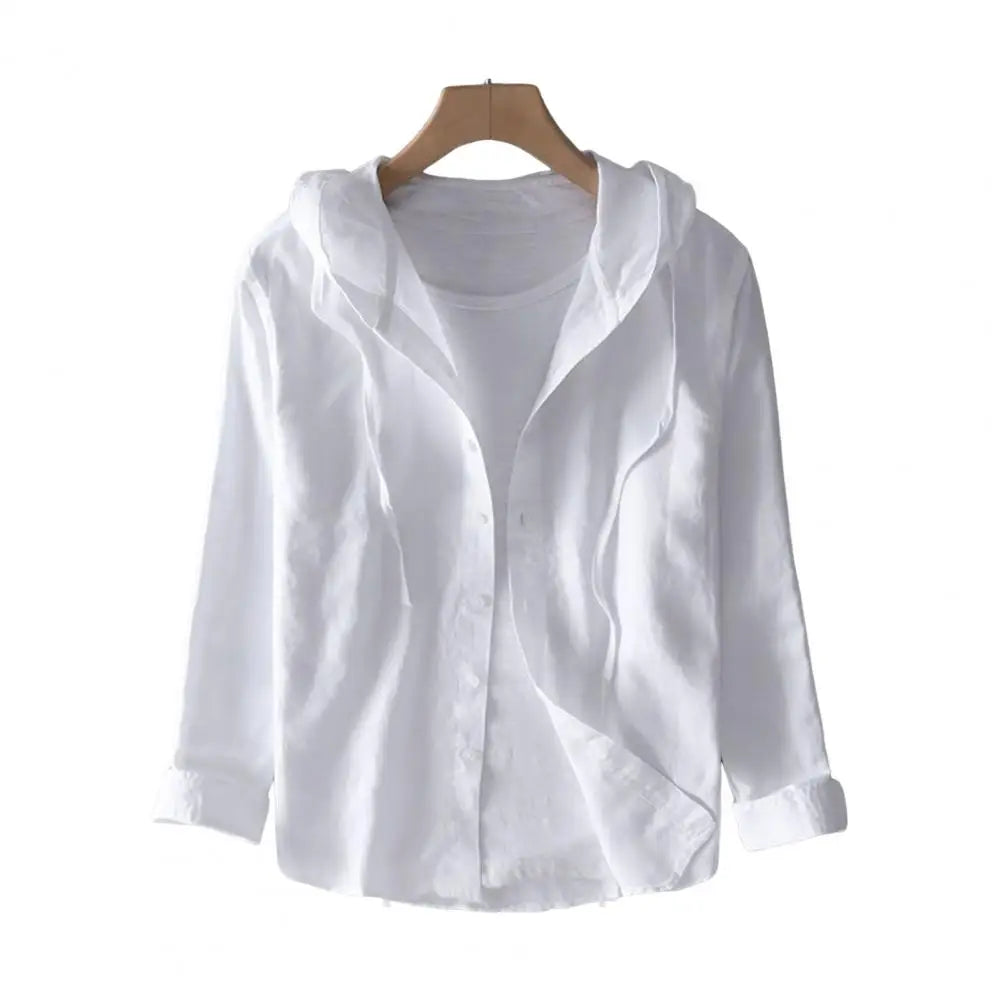 Men Summer Shirt Sun Anti UV Long Sleeve Hooded Drawstring Single breasted Soft Loose Breathable Cardigan Coat Top (Available)
