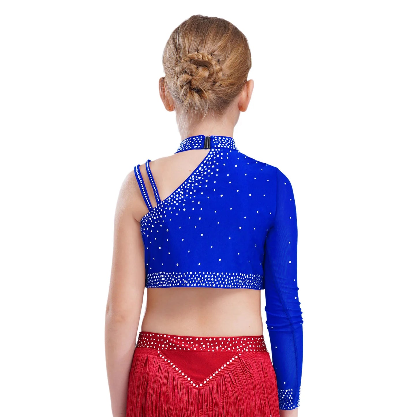 Girls Modern Dance Dress 2 Piece One-shoulder Sleeve Rhinestone Crop Top And Feather Skirts Sets Dance for Stage Performance