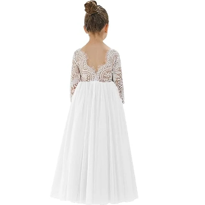 Girl's dress 4-12 years fashionable hollow out long sleeved princess dress carnival birthday wedding flower girl bridesmaid Wear