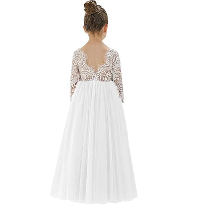 Girl's dress 4-12 years fashionable hollow out long sleeved princess dress carnival birthday wedding flower girl bridesmaid Wear