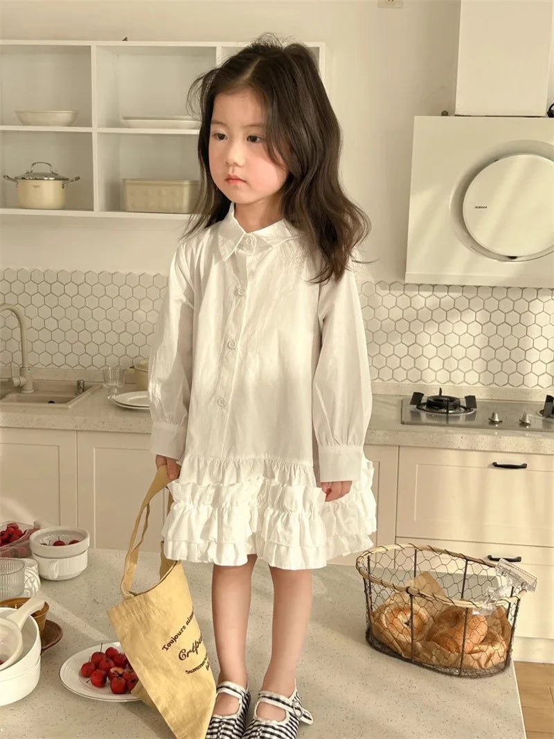 Girl's Shirt Dress Princess Spring New Long-sleeve Gown Children Summer Turn-down Dresses 2-8Y Kids Autumn Fashion Clothing