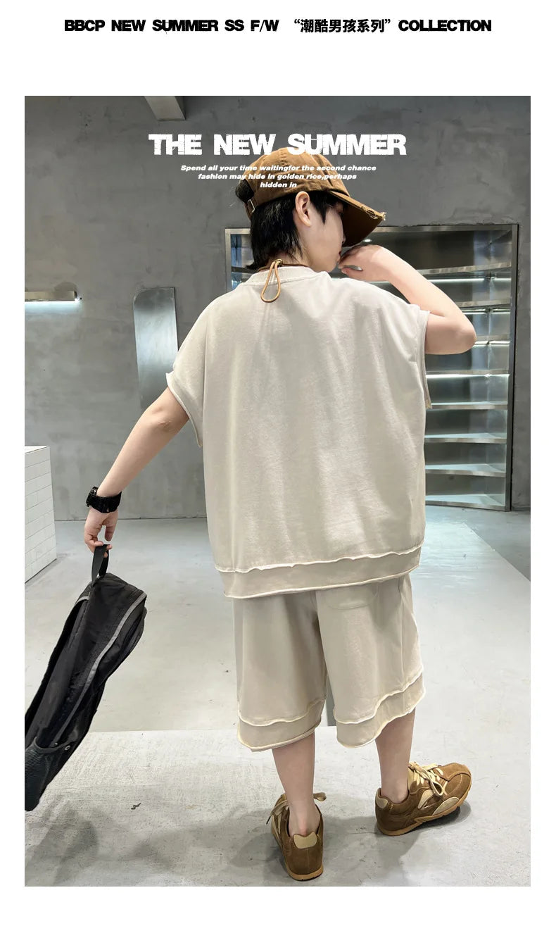 Boys' Summer Outfit Set 2025 New Style Children's Summer Short Sleeved Sportswear Vest Fashionable Boys' Thin Design