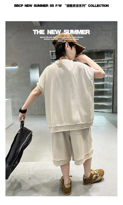 Boys' Summer Outfit Set 2025 New Style Children's Summer Short Sleeved Sportswear Vest Fashionable Boys' Thin Design