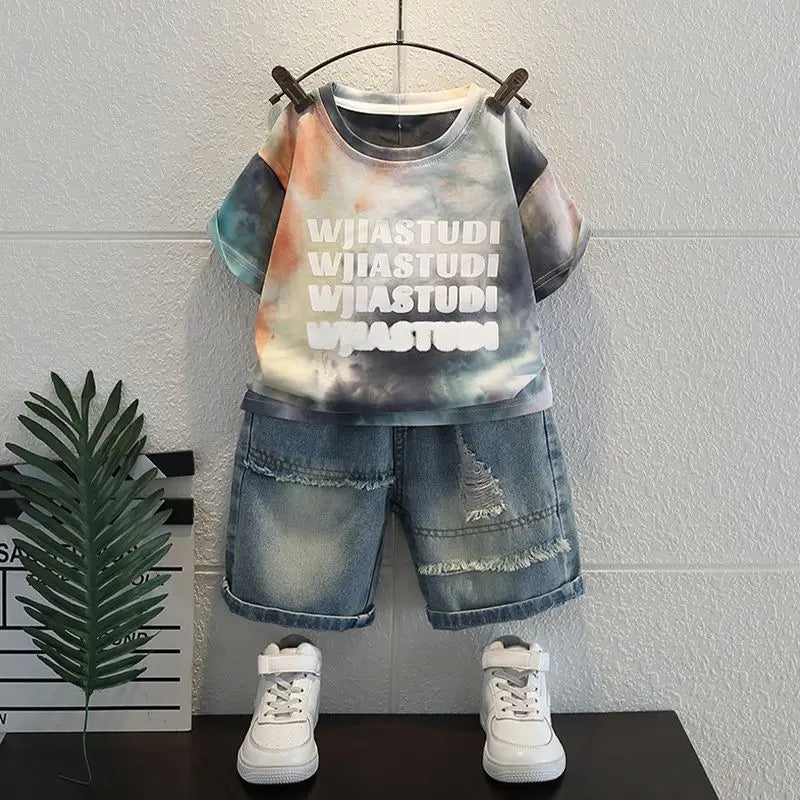 Summer Baby Boys Fashion High Quality Set Cotton Boy Short Sleeved Hole T-shirt + Denim Shorts Kids Loose Casual Clothes 2-11Y