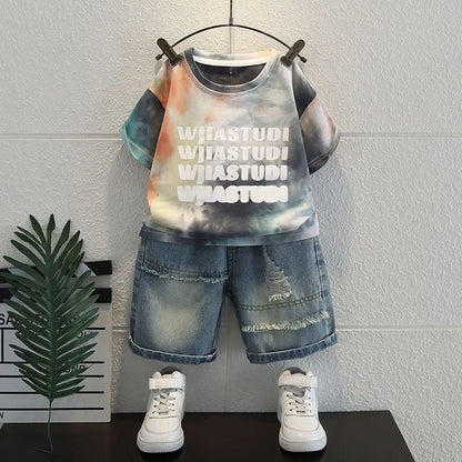Summer Baby Boys Fashion High Quality Set Cotton Boy Short Sleeved Hole T-shirt + Denim Shorts Kids Loose Casual Clothes 2-11Y