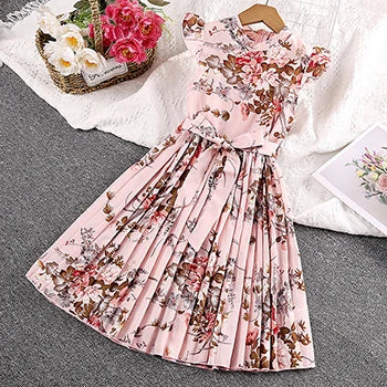 Girls Dress Summer 4-12 Years Flowers Sleeveless Fashion Elegant Little Princess Dress Birthday Dance Party Gifts Kids Clothes