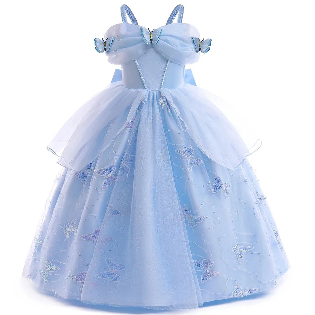 Children's Party Dresses For Girls Elegant Cinderella Princess Dress Kids Girl Butterfly Blue Evening Dress Sequin Prom Dress