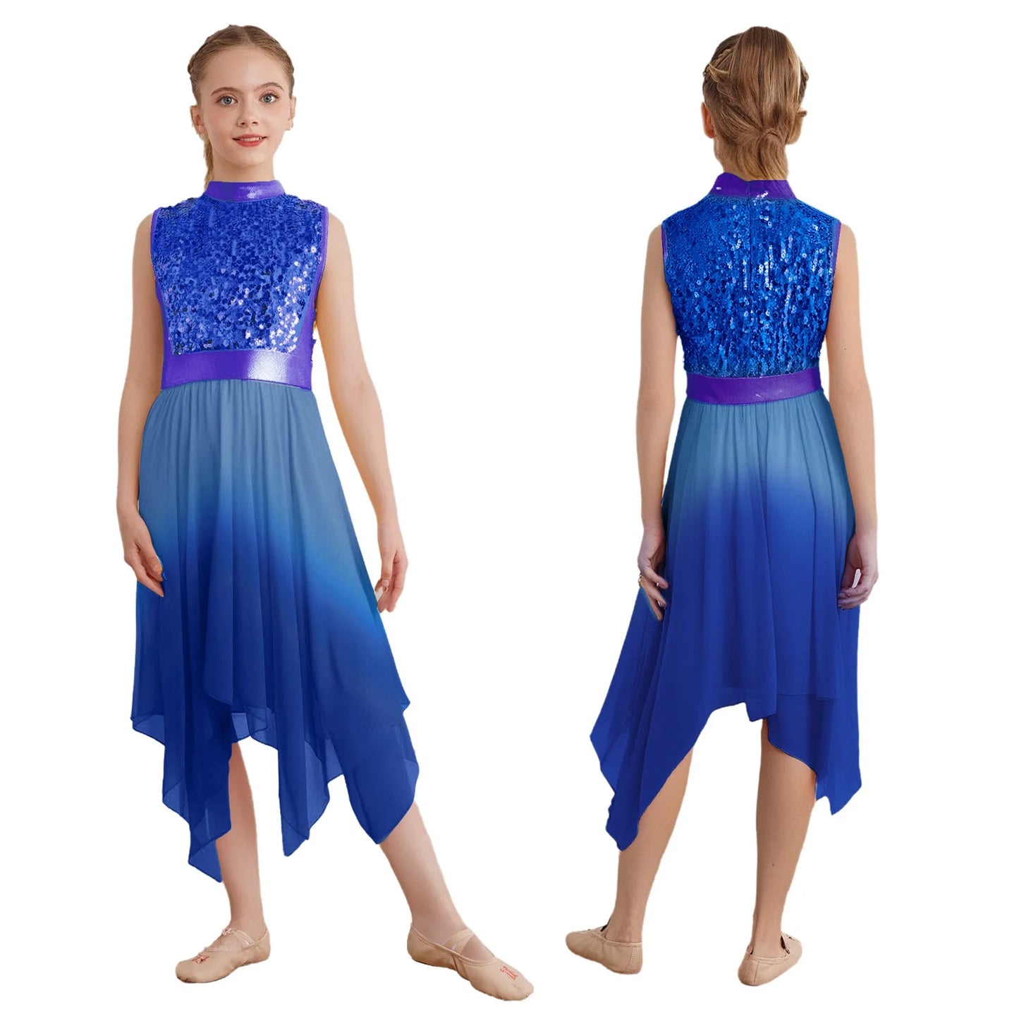 Girls Liturgical Worship Praise Dance Dress Contemporary Lyrical Dancewear Sleeveless Sequins Bodice Asymmetrical Tunic Dresses