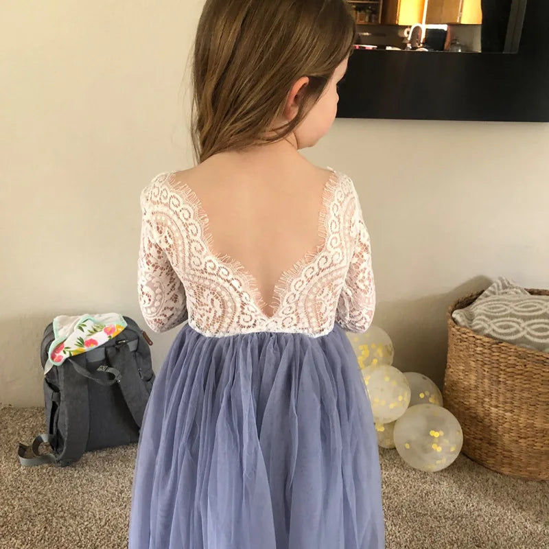 New Girls' Long-Sleeved Lace Gauze Dress Children's Evening Dress Wedding Flower Girl Sweet Lovely Versatile Dress