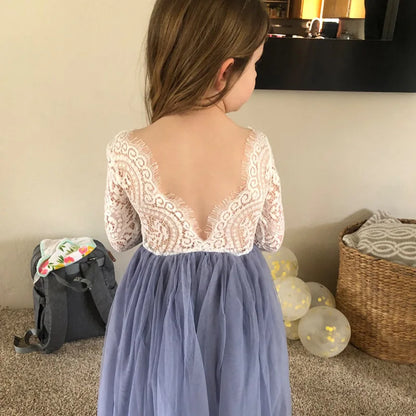 New Girls' Long-Sleeved Lace Gauze Dress Children's Evening Dress Wedding Flower Girl Sweet Lovely Versatile Dress