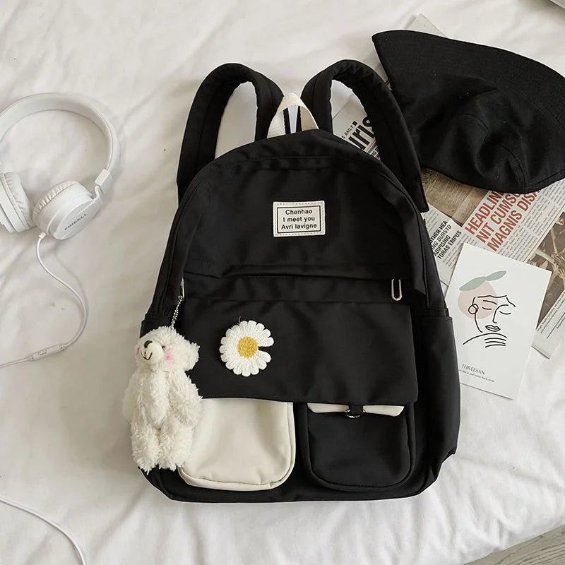School Bags for Teenage Girls Backpack School Women Nylon Bookbags Soft Solid Panelled Flowers Student Schoolbag